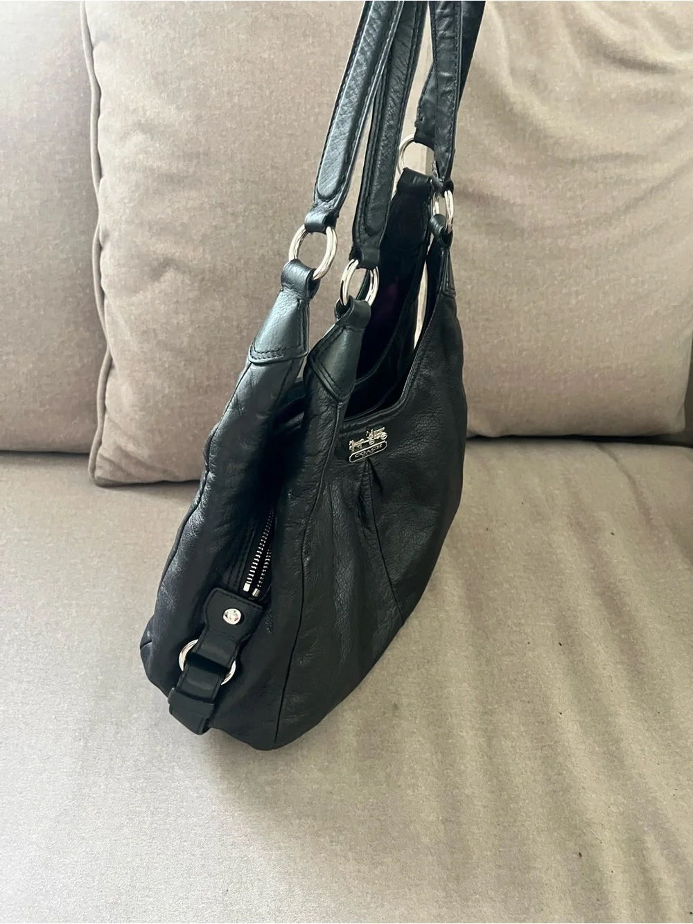 Coach Black Leather Hobo Shoulder Bag with Silver Hardware